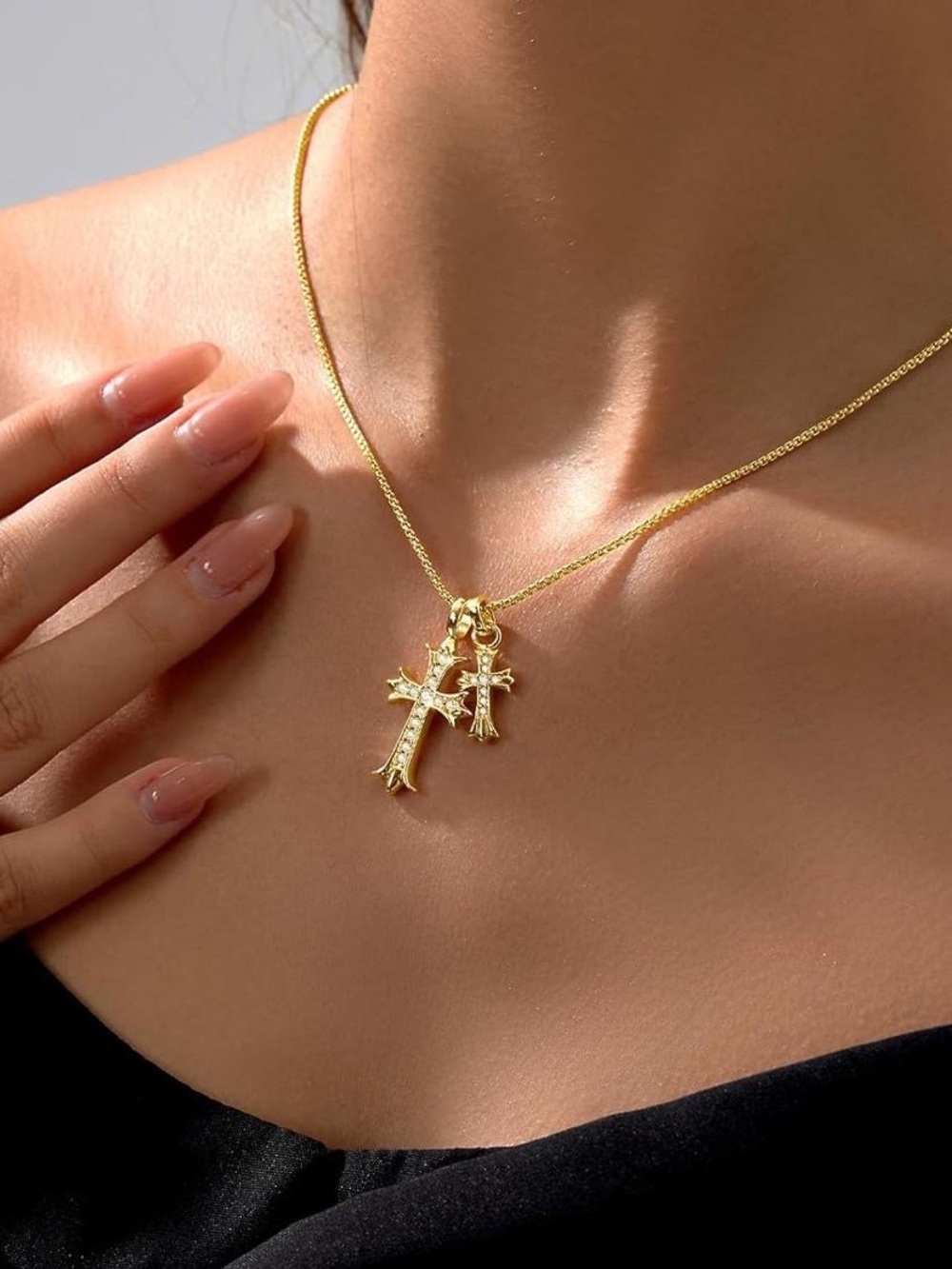 New!! Anthropologie Gold Crystal Double Cross Pendant Necklace